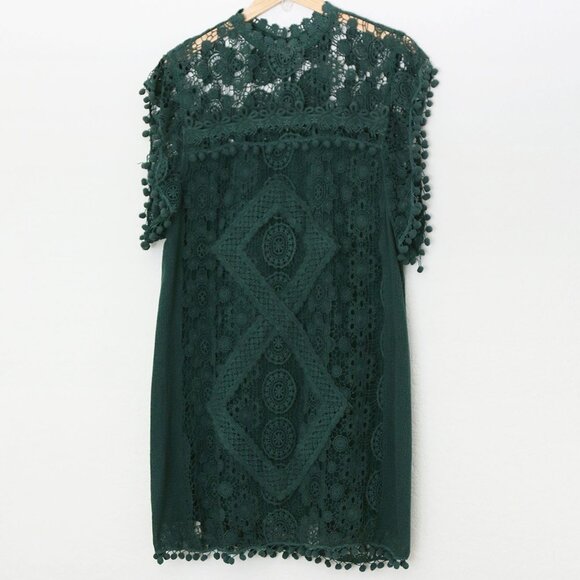 Tularosa Revolve Clayton Tunic Mini Dress L Hunter Green Pom Pom Trim Lace $210 - Picture 6 of 16